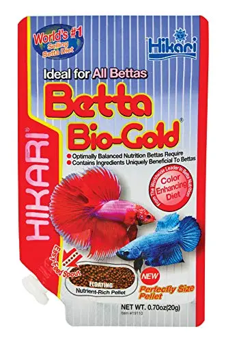 Hikari Betta Bio-Gold fish food pellets in container
