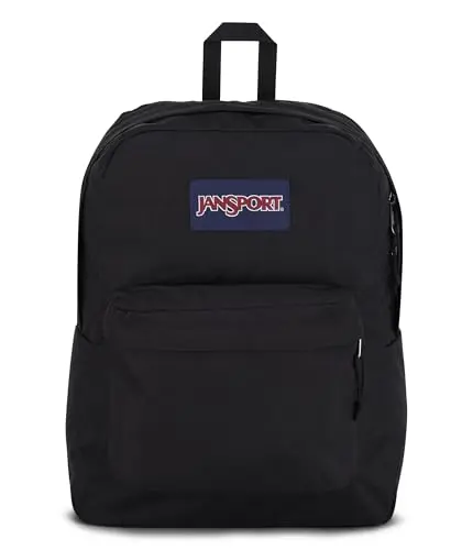 JanSport SuperBreak backpack in black with front utility pocket