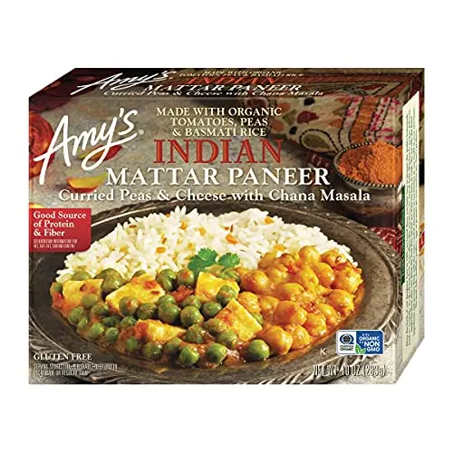 Amy's Indian Mattar Paneer frozen meal with basmati rice and cheese