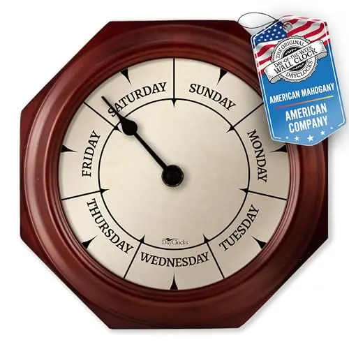 DayClocks Classic Day of The Week Wall Clock with mahogany wood frame showing day display
