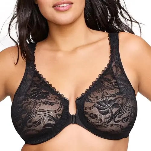 Glamorise front closure wonderwire bra with stretch lace for curvy women