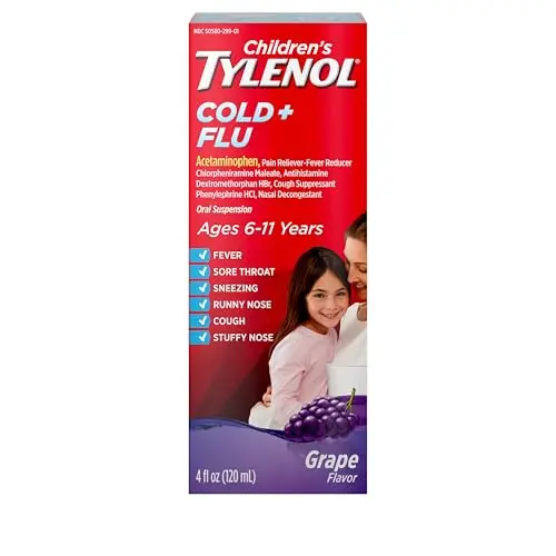 Children's Tylenol Cold & Flu liquid medicine bottle with grape flavor