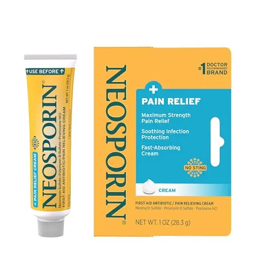 Neosporin antibiotic cream with pain relief in blue and white packaging