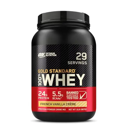 Optimum Nutrition Gold Standard Whey Protein Powder container in French Vanilla Creme
