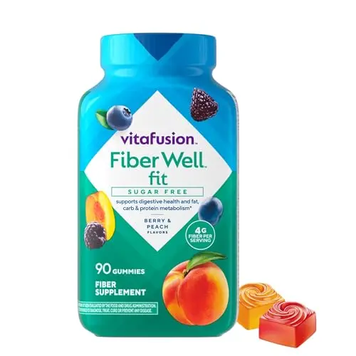 Vitafusion Fiber Well Fit gummies in peach, raspberry, and berry flavors