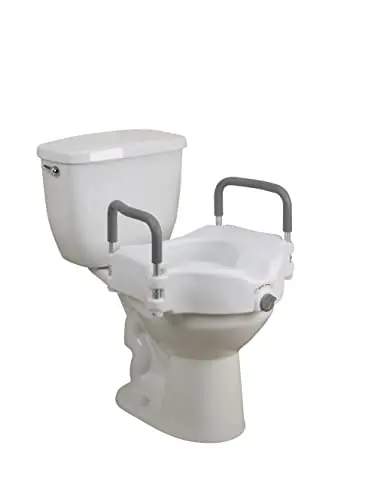 Drive Medical raised toilet seat with removable padded arms and white plastic construction