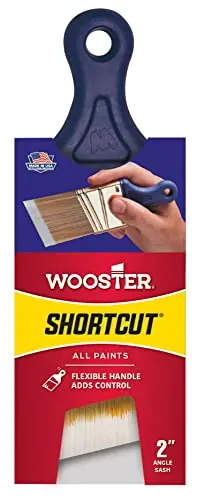 Wooster Shortcut Angle Sash Paintbrush showing angled bristles and compact purple handle
