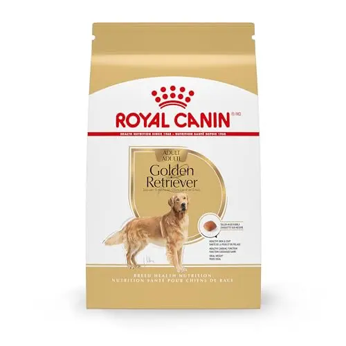 Royal Canin Golden Retriever adult dog food bag showing breed-specific kibble