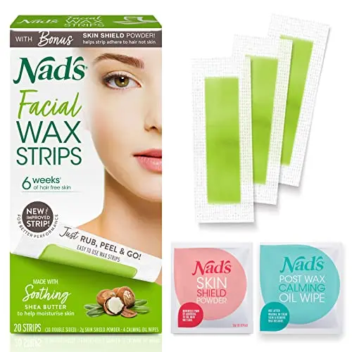 Nad's facial wax strips package with calming oil wipes