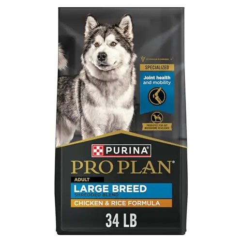Purina Pro Plan Large Breed dry dog food bag with shredded chicken and rice blend