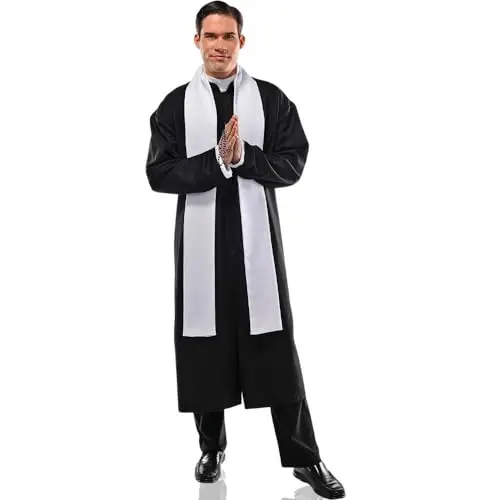 Amscan priest costume with black robe and white collar