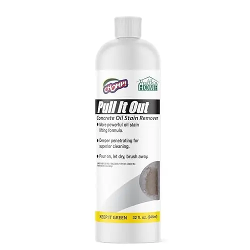CHOMP! Pull It Out Concrete Oil Stain Remover bottle showing liquid formula