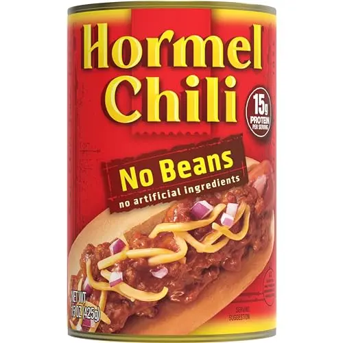 Hormel Chili No Beans canned chili for hot dogs
