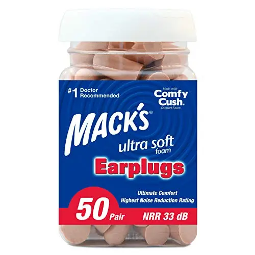 Mack's beige foam earplugs in plastic jar