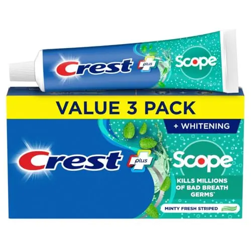 Crest Plus Scope toothpaste tubes showing minty fresh flavor