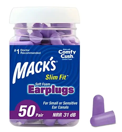 Mack's purple foam earplugs in plastic jar for sleeping