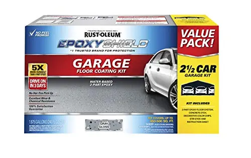 Rust-Oleum EpoxyShield garage floor coating kit in gray with decorative flakes