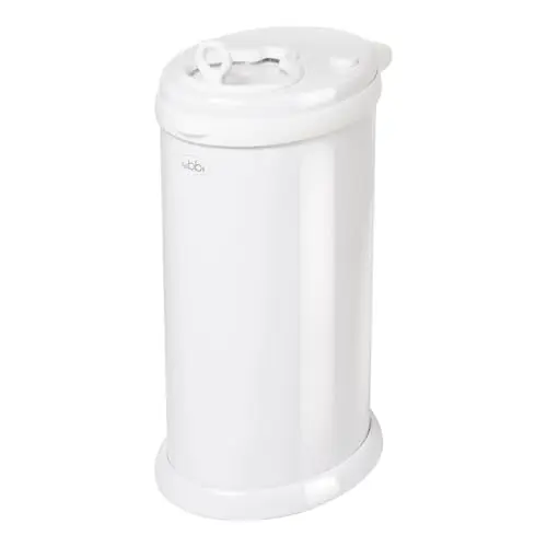 Ubbi steel diaper pail in white with sliding lid and childproof lock