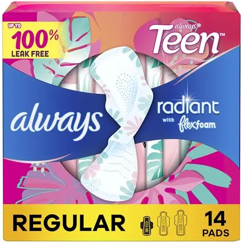 Always Radiant Teen Pads with wings for menstrual protection