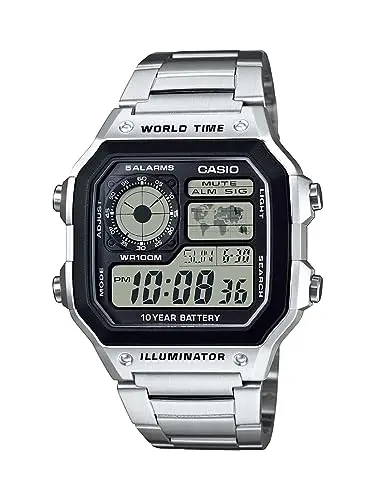 Casio AE1200WHD-1A silver digital watch with world map display