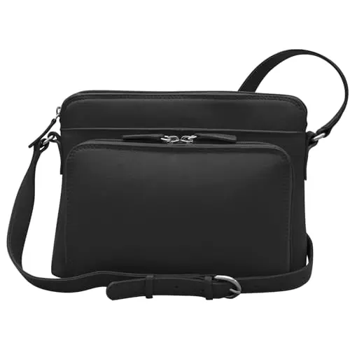 Genuine soft leather crossbody bag in black with front organizer wallet