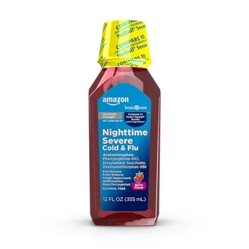 Amazon Basic Care Nighttime Severe Cold and Flu Syrup in mixed berry flavor