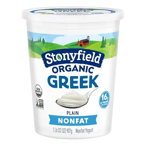 Stonyfield organic Greek nonfat yogurt tub