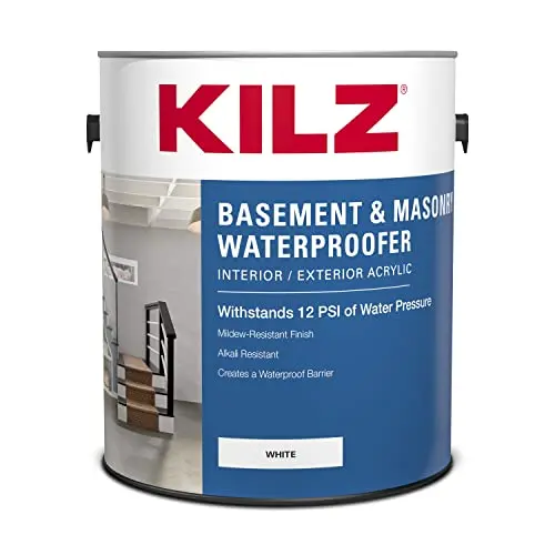 KILZ basement waterproofing paint can and application on masonry wall