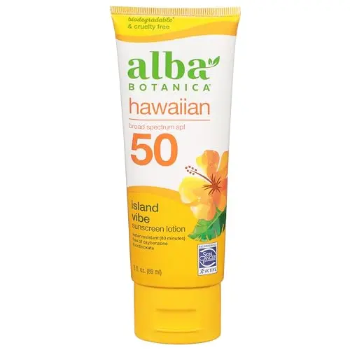 Alba Botanica SPF 50 sunscreen lotion on arm with plant-based formula