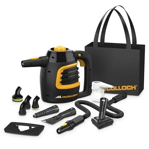 McCulloch black handheld steam cleaner with car detailing accessories
