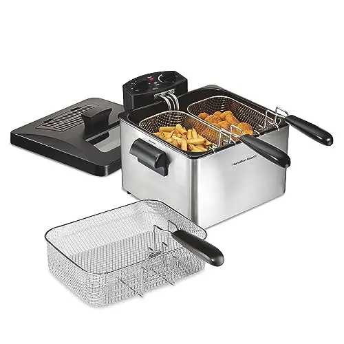 Hamilton Beach deep fryer with three frying baskets and viewing window