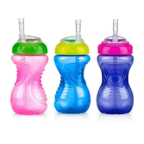 Nuby no-spill soft straw sippy cup in pink, purple, and blue colors with easy-grip design