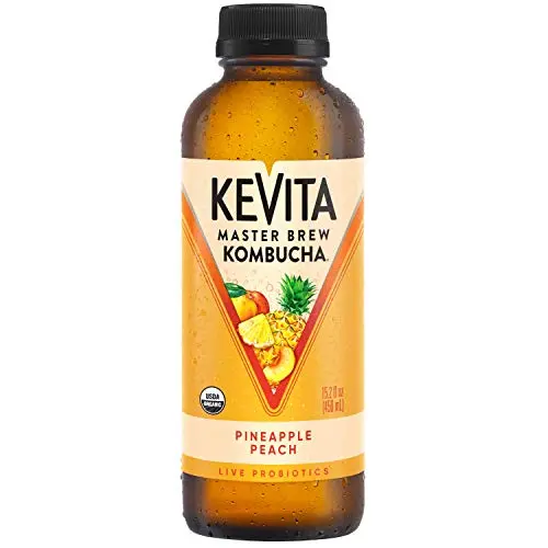 KeVita Masterbrew Kombucha bottle with pineapple peach flavor