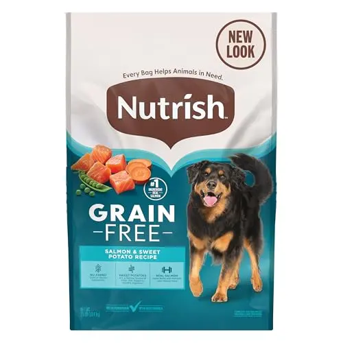 Nutrish grain free dry dog food bag with salmon and sweet potato recipe