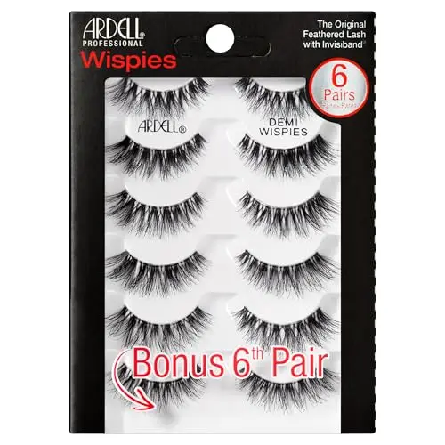 Ardell Demi Wispies false eyelashes showing six pairs with staggered lengths and included applicator