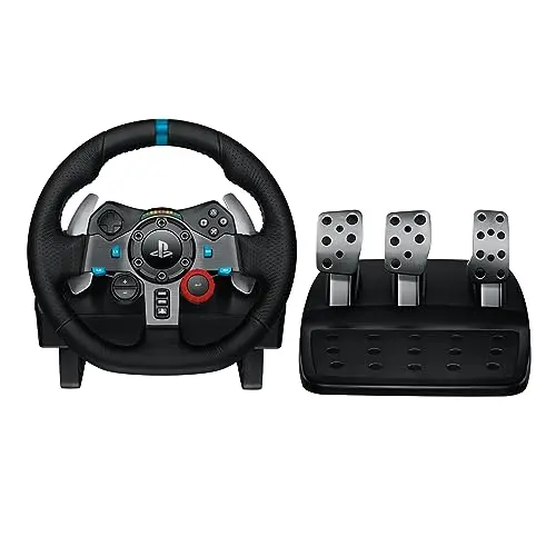 Logitech G29 racing wheel with leather cover and floor pedals