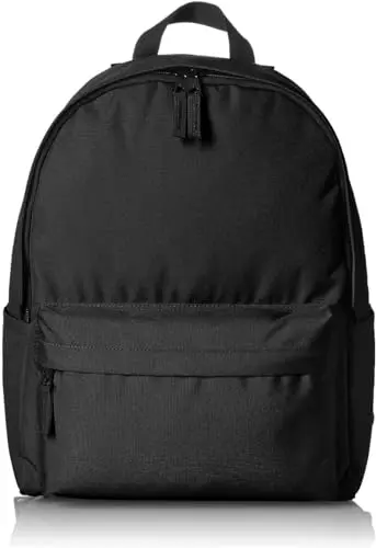 Amazon Basics black school backpack with main compartment and side pockets