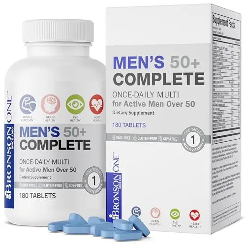 Bronson ONE Daily Mens 50+ multivitamin bottle with blue and white label