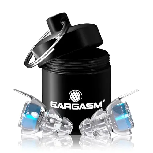Eargasm High Fidelity Earplugs with blue filters and aluminum carrying case