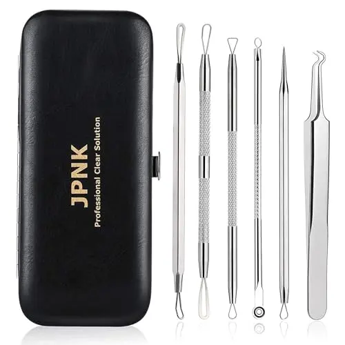 JPNK blackhead remover tool kit with multiple stainless steel extractors in leather case
