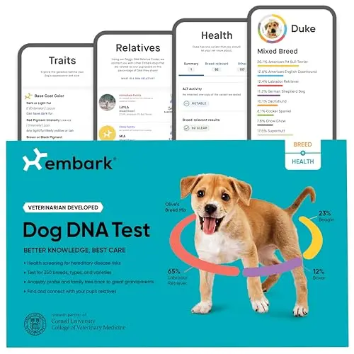 Embark Breed and Health dog DNA test kit showing swab and packaging