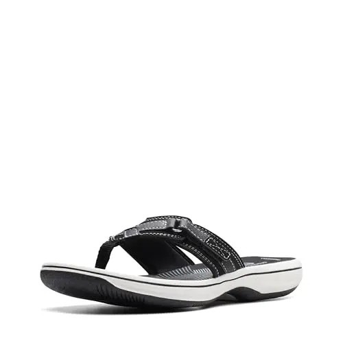 Clarks Breeze Sea flip flops showing adjustable straps and cushioned footbed