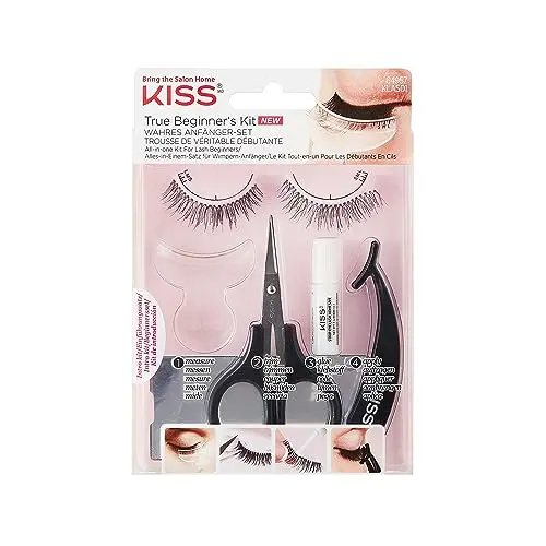 KISS Lash 11 false eyelashes beginner kit with measuring tool, scissors, adhesive, and applicator