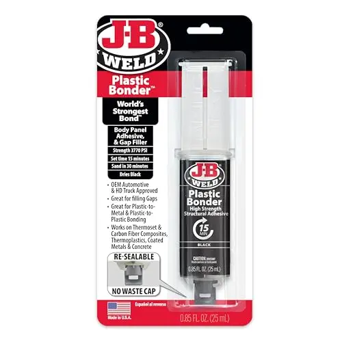 J-B Weld Plastic Bonder syringe with black epoxy formula
