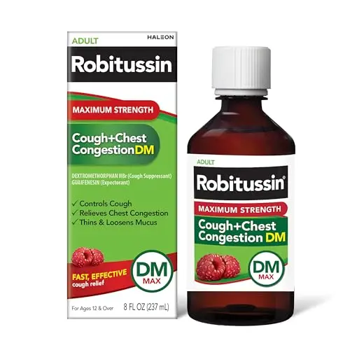 Robitussin Maximum Strength cough syrup bottle with raspberry flavor