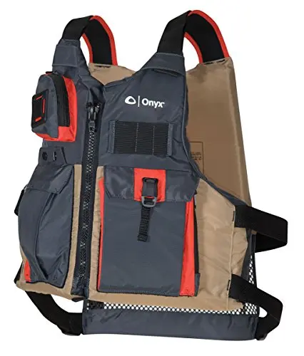 ONYX Kayak Fishing Life Jacket in tan color with multiple pockets and adjustable straps
