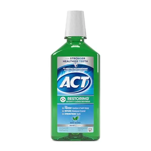 ACT Restoring Zero Alcohol Fluoride Mouthwash bottle with mint burst flavor