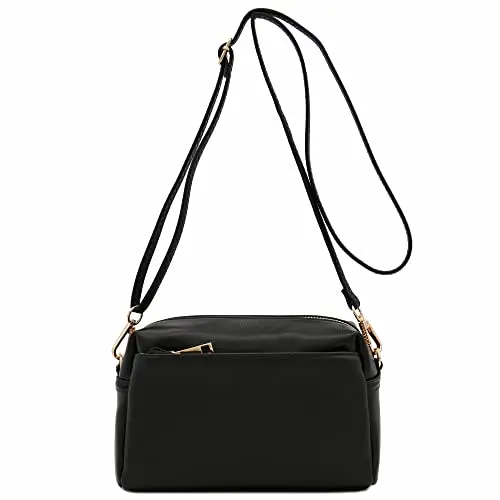 FashionPuzzle triple zip crossbody bag in black with gold hardware