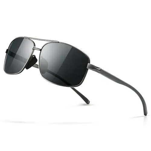 SUNGAIT rectangular polarized sunglasses showing lightweight metal frame and gray lenses