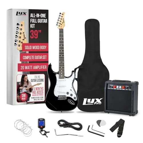 LyxPro electric guitar starter kit in black with 20W amp and accessories